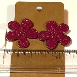 Handmade epoxy resin large flower earrings - dark‎ mauve glitter w/ gold flecks